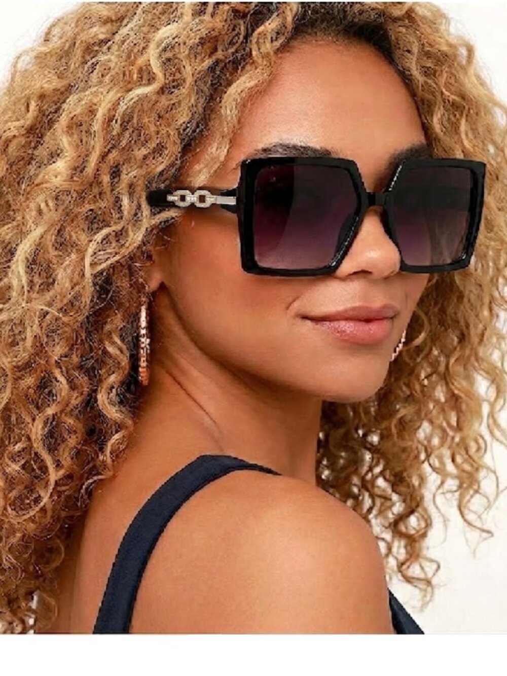 Women's Black Oversized Square Sunglasses with Chain Accents